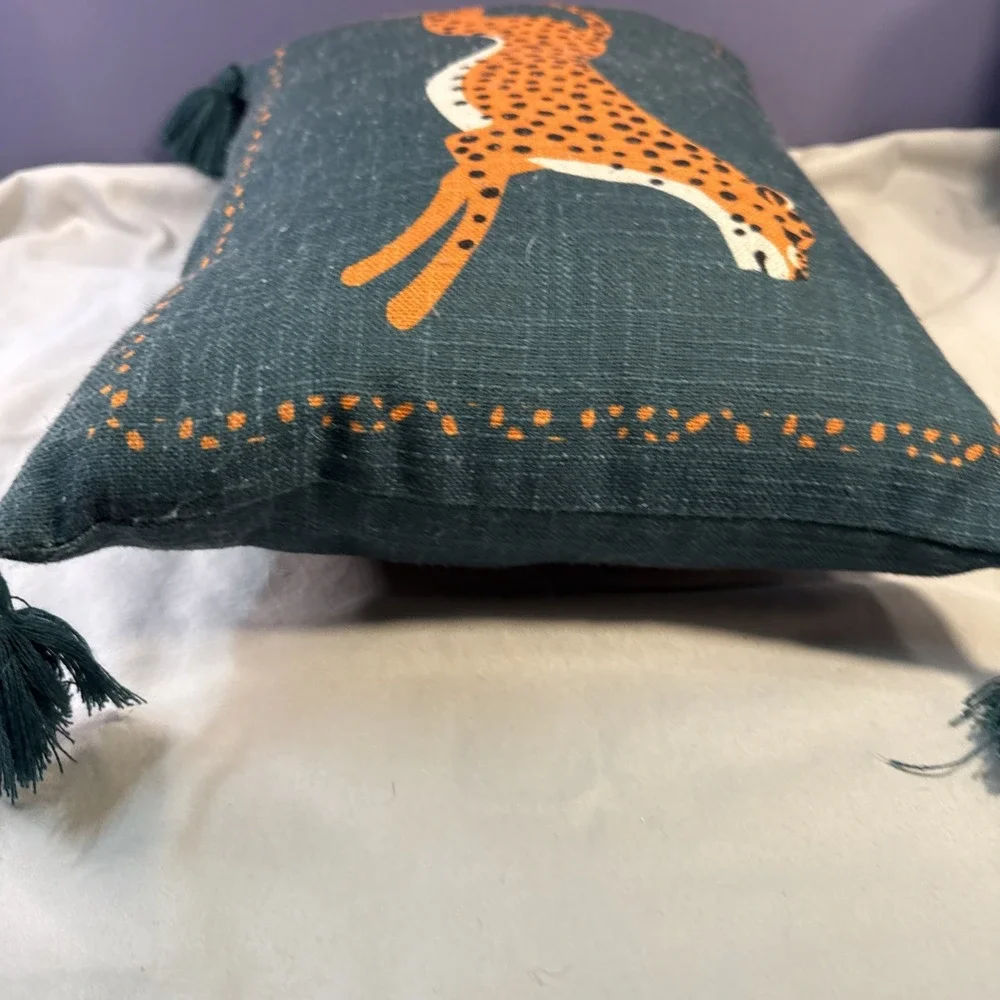 Green Teal Embroidered Leaping Cheetah Luxury Decorative Toss Pillow Tassels
